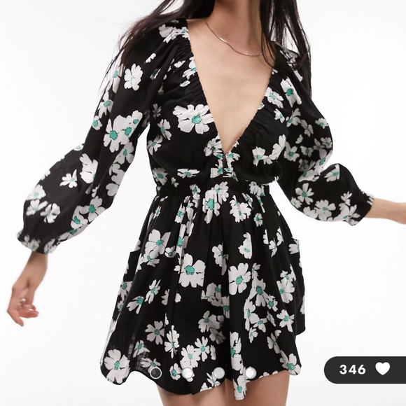 89. Topshop elasticated channel long sleeve romper in multi floral - Picture 2 of 4